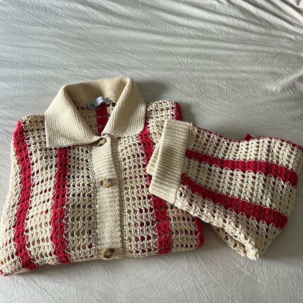 Zara Red and Tan Crochet Shorts Set size Small